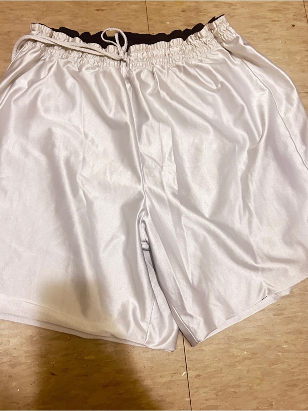 White Satin-Look Athletic Shorts with Black Waistband